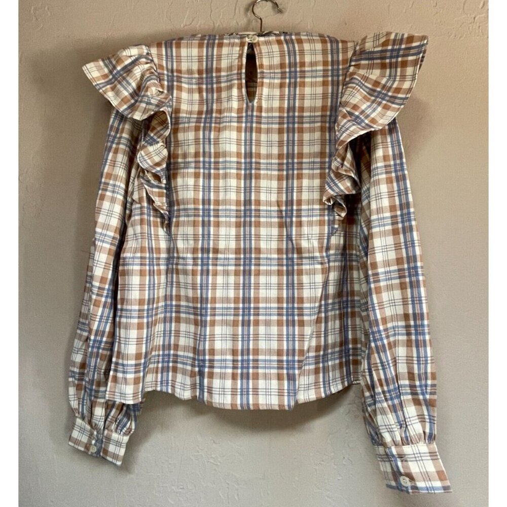 Aura Women's Medium Round Neck Brown Plaid Long Sleeve Ruffle Top Blouse NWOT - Picture 2 of 7